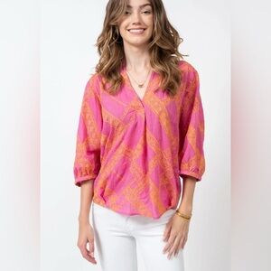 Ivy Jane EMBROIDERED POPOVER TOP in Orange and Pink Size M/L